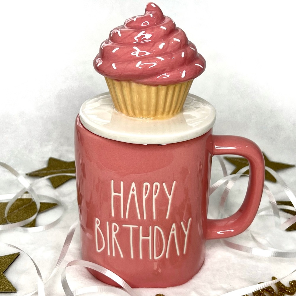 ❌SOLD❌ Rae Dunn HAPPY BIRTHDAY LL Coffee Tea Mug Cupcake Topper Lid Pink - Picture 1 of 17